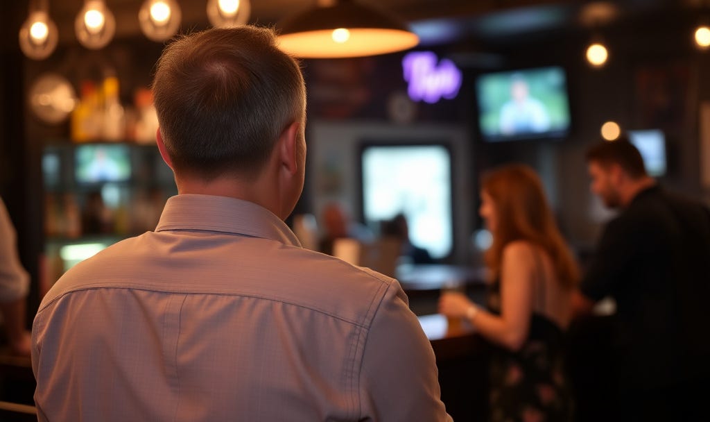 man watching a couple talk in a bar. 