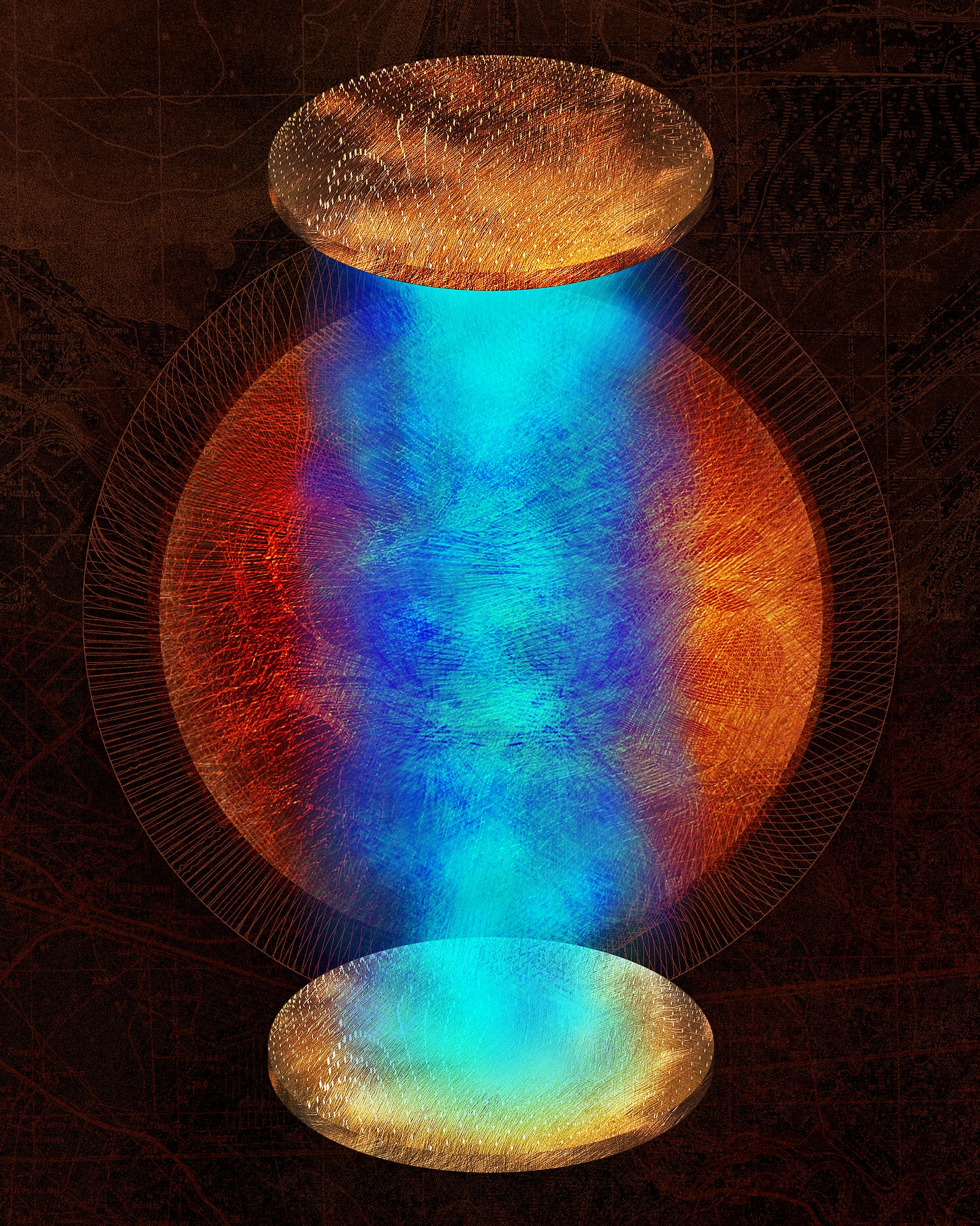 Illustration featuring two copper-colored floating disks with a surreal turquoise material between them, positioned above a copper-colored sphere surrounded by an intricate pattern.
