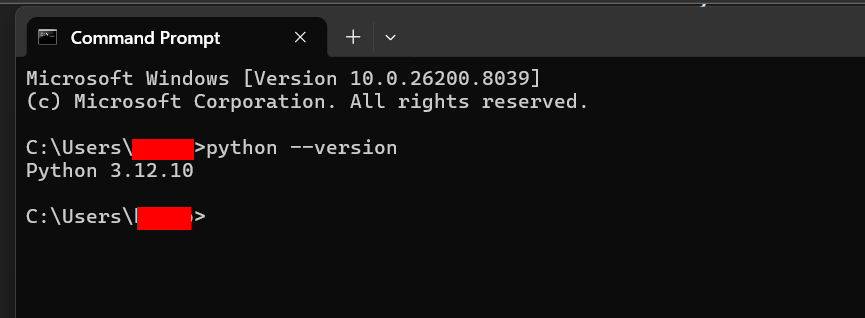 Windows Command Prompt showing the command "python --version" with the output "Python 3.12.10." The username in the file path has been redacted.