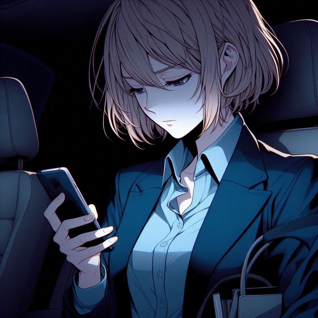 A young woman with short blonde hair who wears a navy suit and a light blue button up shirt looking depressed as she drives home looking at her closed flip phone. anime art style. dark. modern. A young woman with short blonde hair who wears a navy suit and a light blue button up shirt looking depressed as she drives home looking at her closed flip phone. anime art style. dark. modern.