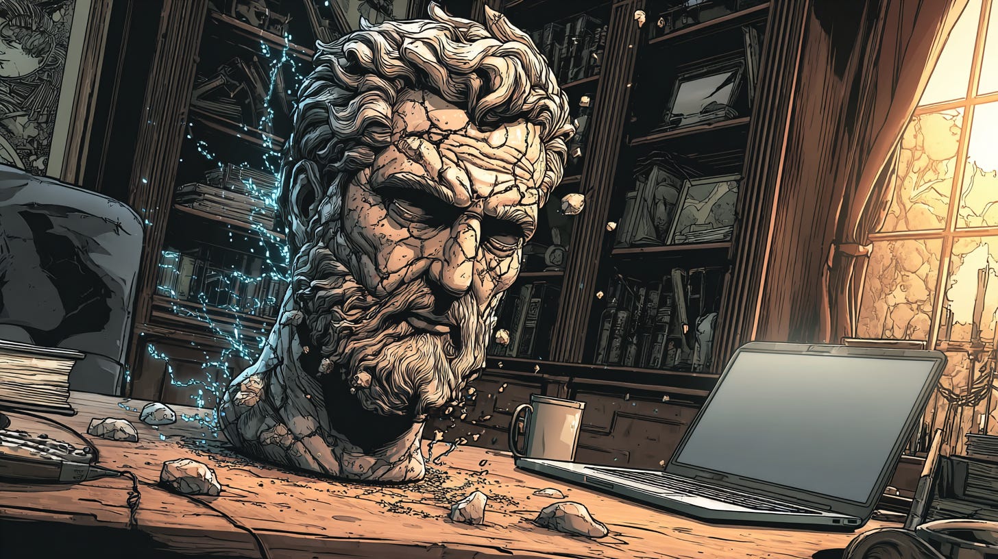 A Roman marble bust of a Stoic philosopher slowly dissolving into streams of glowing source code and digital particles