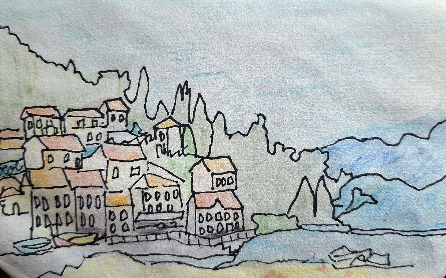 Pen and ink sketch with watercolour pencil.  A fishing village and harbour with green hills in the background and coloured houses in the middle.