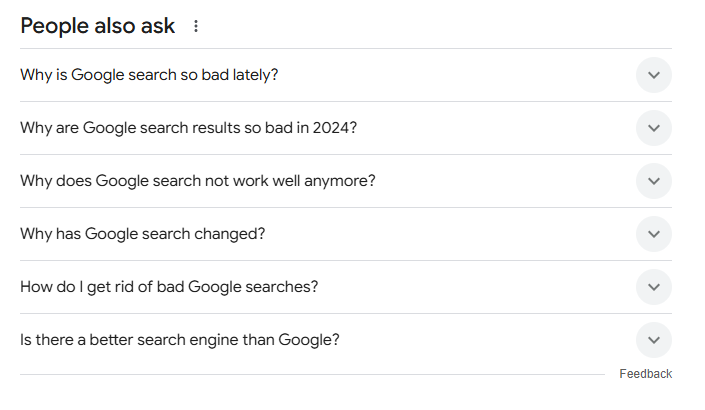 A series of Google results about why Google is so bad at search