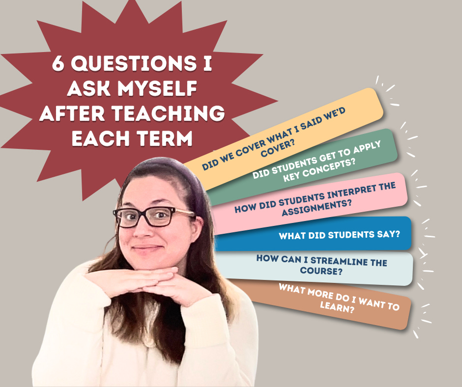 A collage-style graphic features a woman with glasses and long dark hair, wearing a white sweater and smiling while resting her chin on her hands. She’s positioned in the lower left corner against a beige background. Above her is a red starburst shape with white text that says, "6 QUESTIONS I ASK MYSELF AFTER TEACHING EACH TERM." To her right, six colorful, overlapping tabs list the following questions:  DID WE COVER WHAT I SAID WE’D COVER?  DID STUDENTS GET TO APPLY KEY CONCEPTS?  HOW DID STUDENTS INTERPRET THE ASSIGNMENTS?  WHAT DID STUDENTS SAY?  HOW CAN I STREAMLINE THE COURSE?  WHAT MORE DO I WANT TO LEARN?