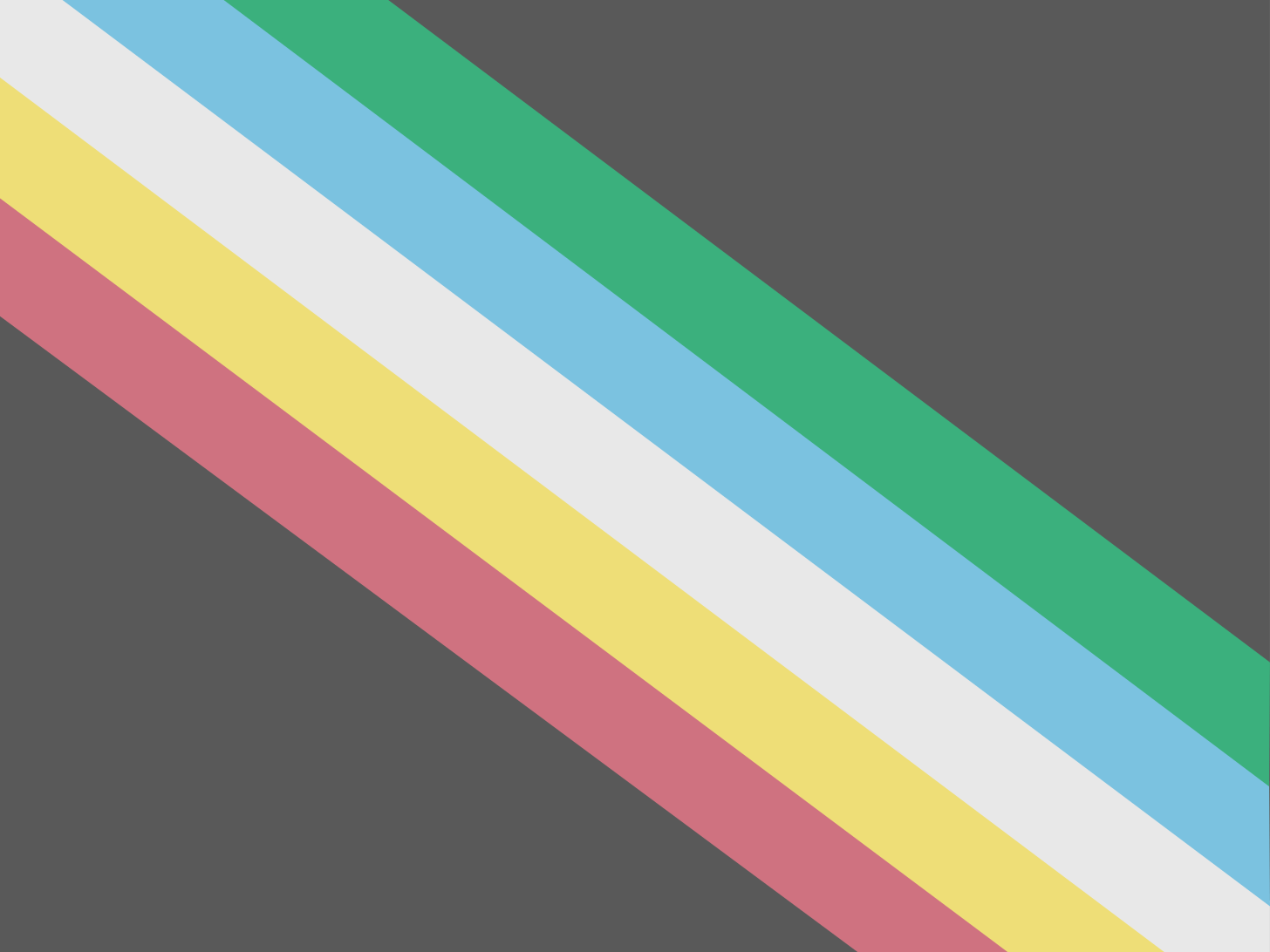 Disability Pride flag on a dark charcoal grey background. Five broad diagonal stripes run from the top left to the bottom right in green, light blue, white, yellow and muted pink.