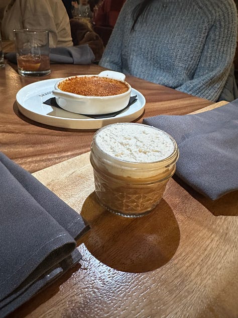 1. blood sausage wonton, 2. pâté , 3. baguette and butter, 4. duck, 5. steak frites, 6. pot de creme and creme brûlée