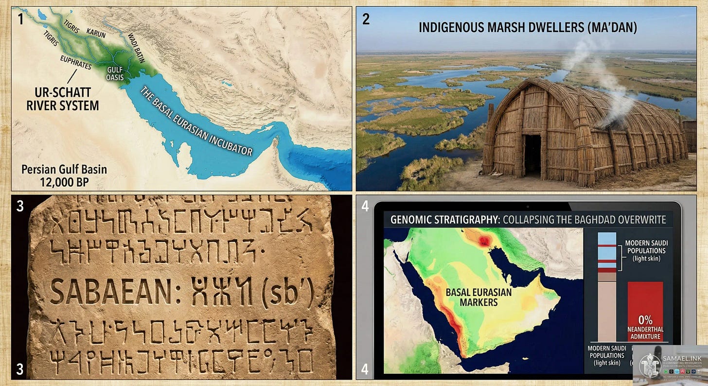 A paleogeographic map of the Persian Gulf as it appeared 12,000 years ago. It shows a dry, fertile basin labeled "The Basal Eurasian Incubator" with a massive river system, the Ur-Schatt, formed by the confluence of the Tigris, Euphrates, Karun, and Wadi Batin rivers. A wide-angle photograph of the Mesopotamian Marshes (Ahwar) showing a traditional Mudhif—a large, arched ceremonial guesthouse made entirely of bundled reeds. The landscape is a lush wetland with clear water channels. Label reads "Indigenous Marsh Dwellers (Ma’dan)."A close-up of an ancient stone slab featuring deeply carved South Arabian Musnad script. The text is blocky and geometric. The label identifies the script as "Sabaean: 𐩪𐩨𐩱 (sb’)," highlighting the unique linguistic traits of the southern migration.A digital display showing a genomic heat map of the Arabian Peninsula. Red and orange "heat" zones for Basal Eurasian markers are concentrated along the Tihama coast and the Iraqi marshes. A sidebar chart shows that these indigenous, darker-skinned populations possess 0% Neanderthal admixture compared to later Mediterranean-shifted groups. A paleogeographic map of the Persian Gulf as it appeared 12,000 years ago. It shows a dry, fertile basin labeled "The Basal Eurasian Incubator" with a massive river system, the Ur-Schatt, formed by the confluence of the Tigris, Euphrates, Karun, and Wadi Batin rivers. A wide-angle photograph of the Mesopotamian Marshes (Ahwar) showing a traditional Mudhif—a large, arched ceremonial guesthouse made entirely of bundled reeds. The landscape is a lush wetland with clear water channels. Label reads "Indigenous Marsh Dwellers (Ma’dan)."A close-up of an ancient stone slab featuring deeply carved South Arabian Musnad script. The text is blocky and geometric. The label identifies the script as "Sabaean: 𐩪𐩨𐩱 (sb’)," highlighting the unique linguistic traits of the southern migration.A digital display showing a genomic heat map of the Arabian Peninsula. Red and orange "heat" zones for Basal Eurasian markers are concentrated along the Tihama coast and the Iraqi marshes. A sidebar chart shows that these indigenous, darker-skinned populations possess 0% Neanderthal admixture compared to later Mediterranean-shifted groups.