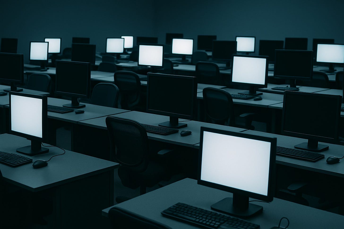 A dark, modern office with rows of empty desks and glowing computer monitors, symbolizing online presence without real engagement. A dark, modern office with rows of empty desks and glowing computer monitors, symbolizing online presence without real engagement.