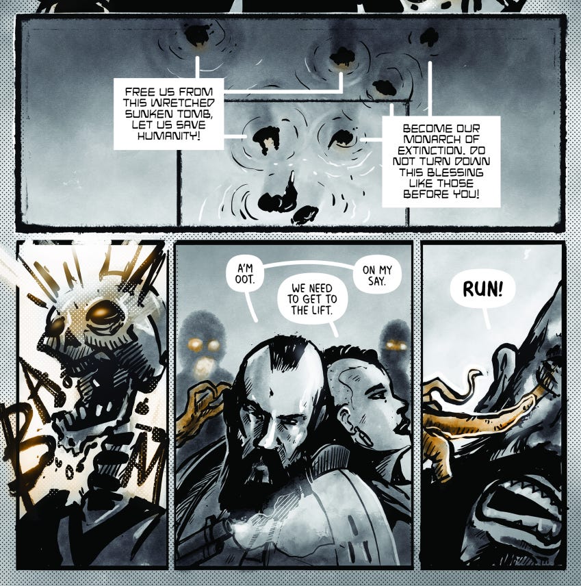 A page depicting two characters fighting corrupted bodies by the AI sentient being from the Grimlan: Ascension comic released 2023