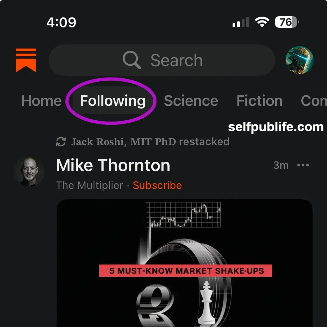 Screenshot of Substack app showing Following tab selected. Screenshot of Substack app showing Following tab selected.