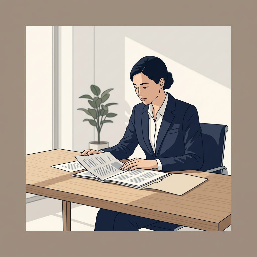 Professional in a navy suit reviewing documents at a clean desk in a light-filled office, viewed from a slight angle.