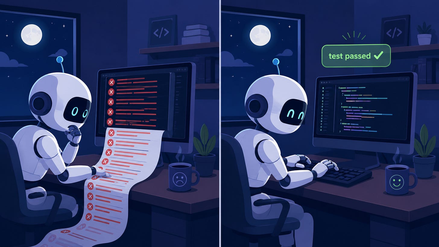 Split-screen illustration of an AI robot reviewing error logs and applying a successful software patch at night. Split-screen illustration of an AI robot reviewing error logs and applying a successful software patch at night.