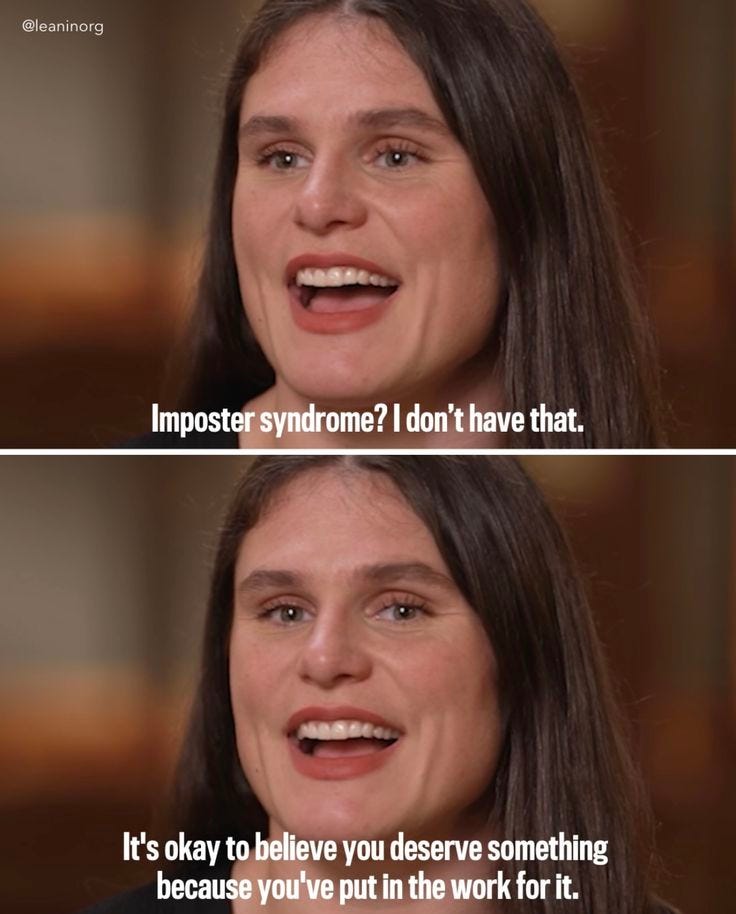 This may contain: a woman with long hair and an open mouth is shown in two different languages, the caption reads imposter syndrome? i don't have that it