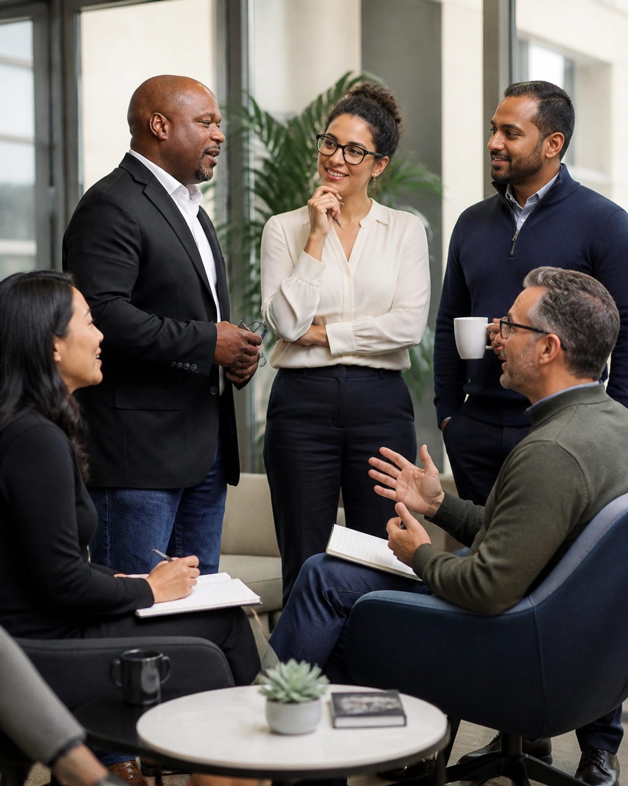 A group of diverse executives in a collaborative leadership discussion