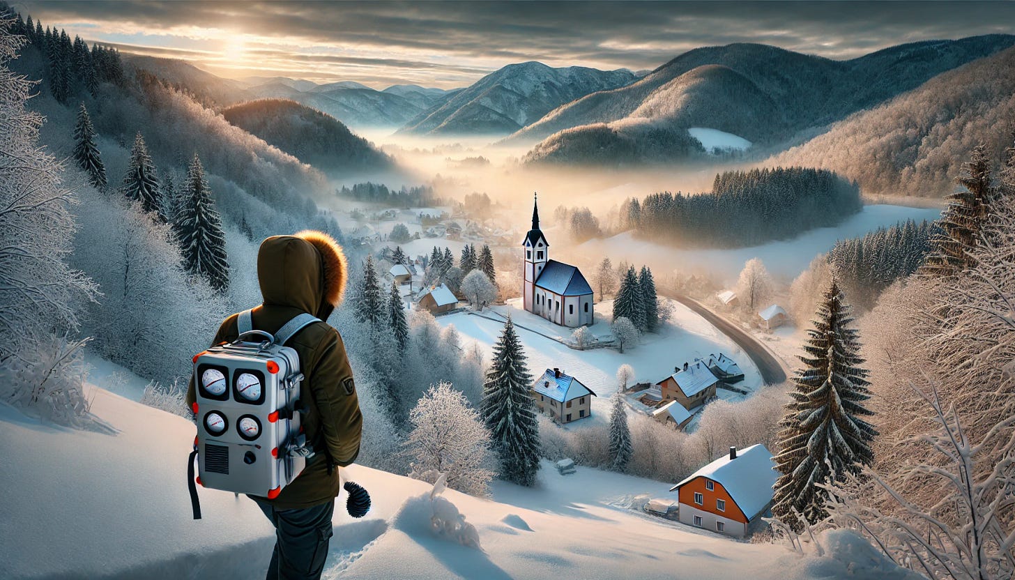 A picturesque Slovenian village in winter, surrounded by snow-covered forests and hills, with a church on a hilltop. The valley below is shrouded in a brownish fog symbolizing air pollution from wood burning. In the foreground, a researcher wearing a winter jacket carries a backpack equipped with air measurement devices. The scene captures the contrast between idyllic natural beauty and the invisible threat of pollution, set in a tranquil, snowy landscape. Realistic style, clear details, and muted winter colors. A picturesque Slovenian village in winter, surrounded by snow-covered forests and hills, with a church on a hilltop. The valley below is shrouded in a brownish fog symbolizing air pollution from wood burning. In the foreground, a researcher wearing a winter jacket carries a backpack equipped with air measurement devices. The scene captures the contrast between idyllic natural beauty and the invisible threat of pollution, set in a tranquil, snowy landscape. Realistic style, clear details, and muted winter colors.