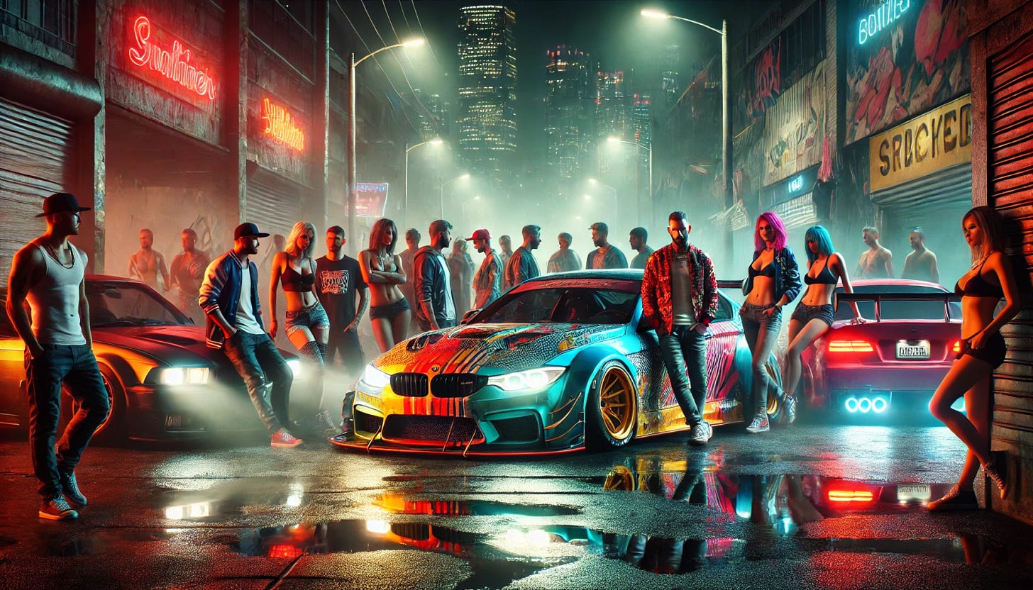A highly realistic, photograph-style image capturing a vibrant street racing scene at night. The composition features a group of men standing confidently near their customized, brightly colored, and highly modified racing cars, parked in the center of a dimly lit urban street. The cars showcase neon underglow, decals, and unique aerodynamic designs. Surrounding them are women in fashionable attire, some leaning against the cars, others chatting or watching with interest. The background includes the glow of streetlights, graffiti-covered walls, and a faint crowd of onlookers, creating a dynamic and energetic atmosphere. The lighting is moody, with reflections of the neon lights on the wet pavement, emphasizing the edgy, underground racing vibe.