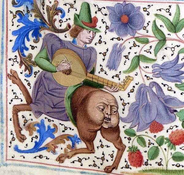 A medieval drawing of a centaur with a human face on his butt