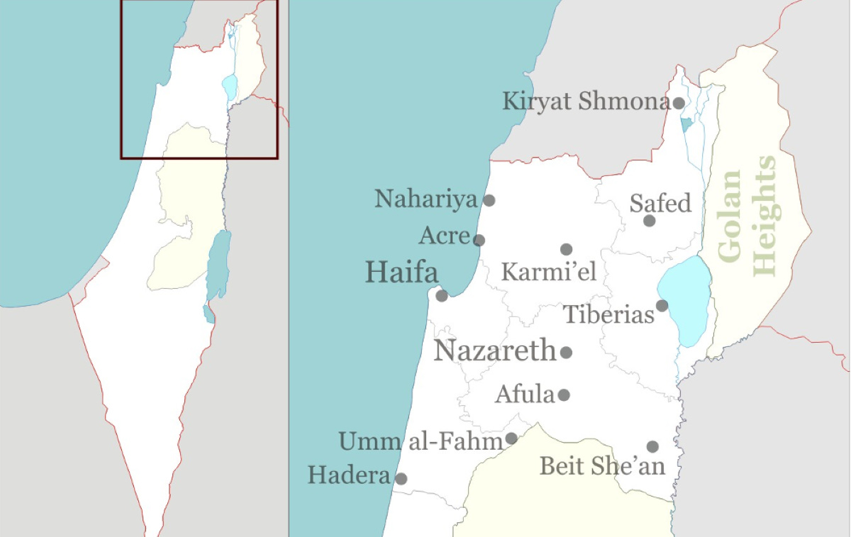 Two maps: one of Israel with Galilee and Golan marked, and then a large map with major cities of the marked off area.