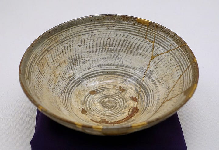 LEFT: Dry rock garden. RIGHT: Kintsugi bowl with golden joinery.