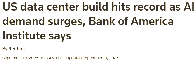 Headline screenshot from a Reuters article reporting that U.S. data center construction has reached record levels due to surging AI demand, underscoring the rapid infrastructure buildup driving the current AI boom.