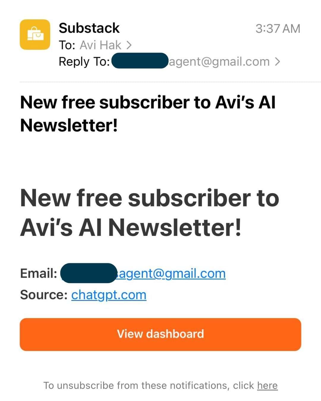 Screenshot of a Substack email notification showing a new free subscriber to Avi’s AI Newsletter, with the source listed as ChatGPT.com. The message highlights the growing trend of AI agents independently subscribing to trusted newsletters, signaling a shift in how content is discovered and evaluated by AI tools.