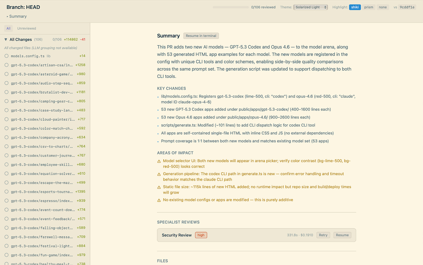 A code review tool that has a left nav bar of files with a read / unread toggle and a "lines changed" indicator. The center section has a summary of the code change, noted areas of interest, and a section for specialist reviews, including a code review. A code review tool that has a left nav bar of files with a read / unread toggle and a "lines changed" indicator. The center section has a summary of the code change, noted areas of interest, and a section for specialist reviews, including a code review.