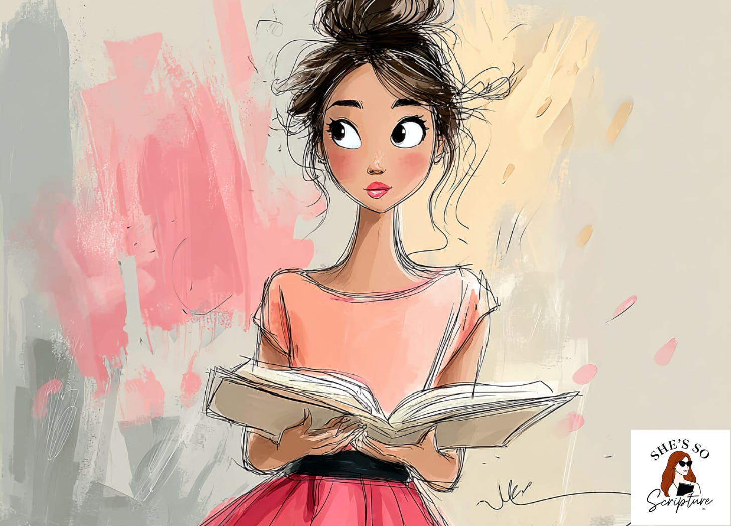 A whimsical ink and watercolor illustration of a woman holding an open book with warm golden light emanating from its pages, rendered in blush pink and cream tones. A whimsical ink and watercolor illustration of a woman holding an open book with warm golden light emanating from its pages, rendered in blush pink and cream tones.
