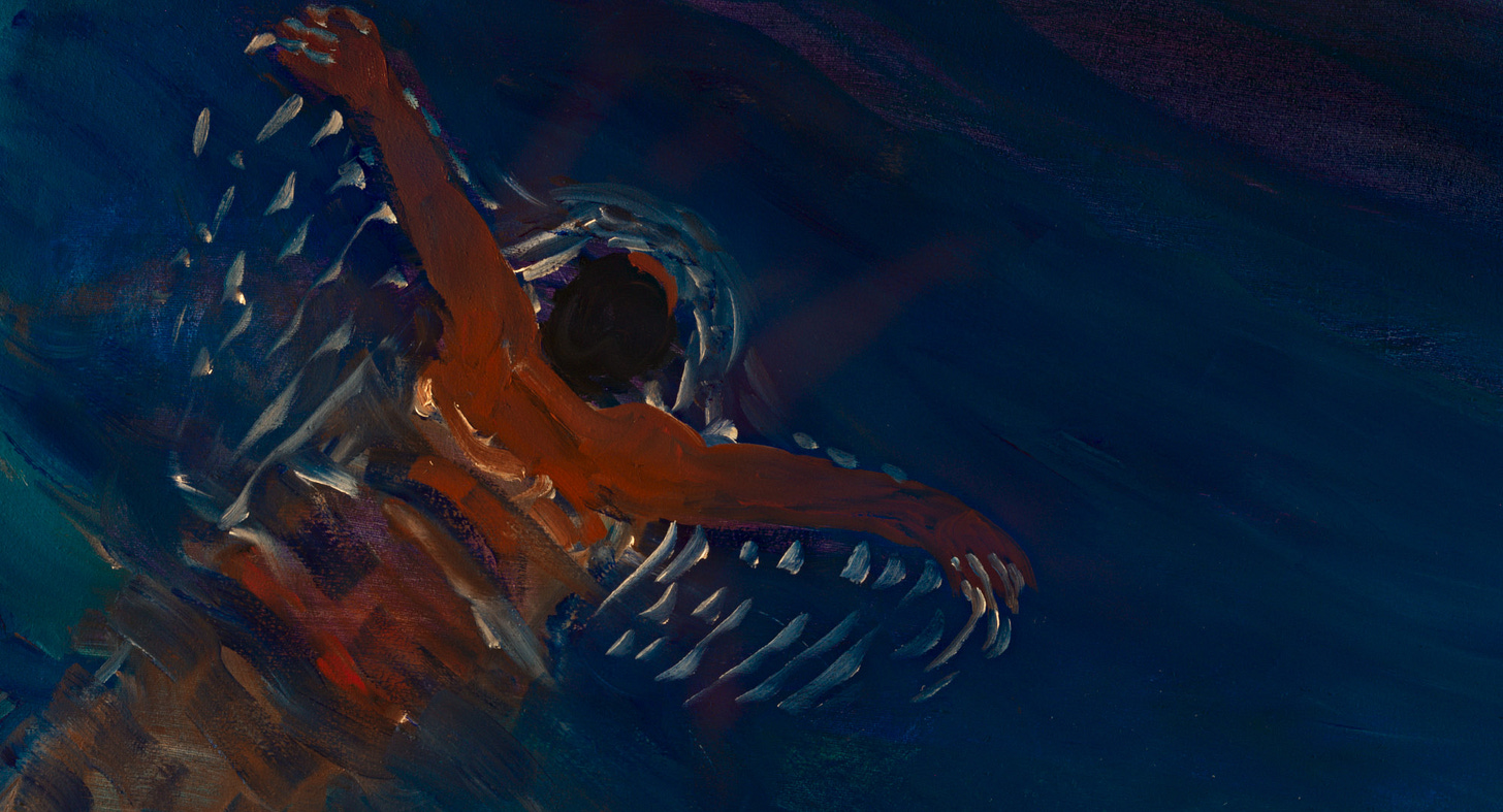 A frame from an animated movie with brushstrokes depicting a man swimming with arms outstretched in a butterfly-like motion.