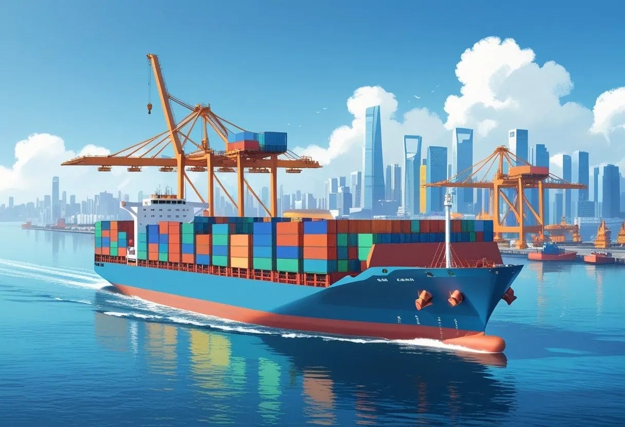 A cargo ship loaded with containers sailing near a busy port with cranes and a city skyline in the background.