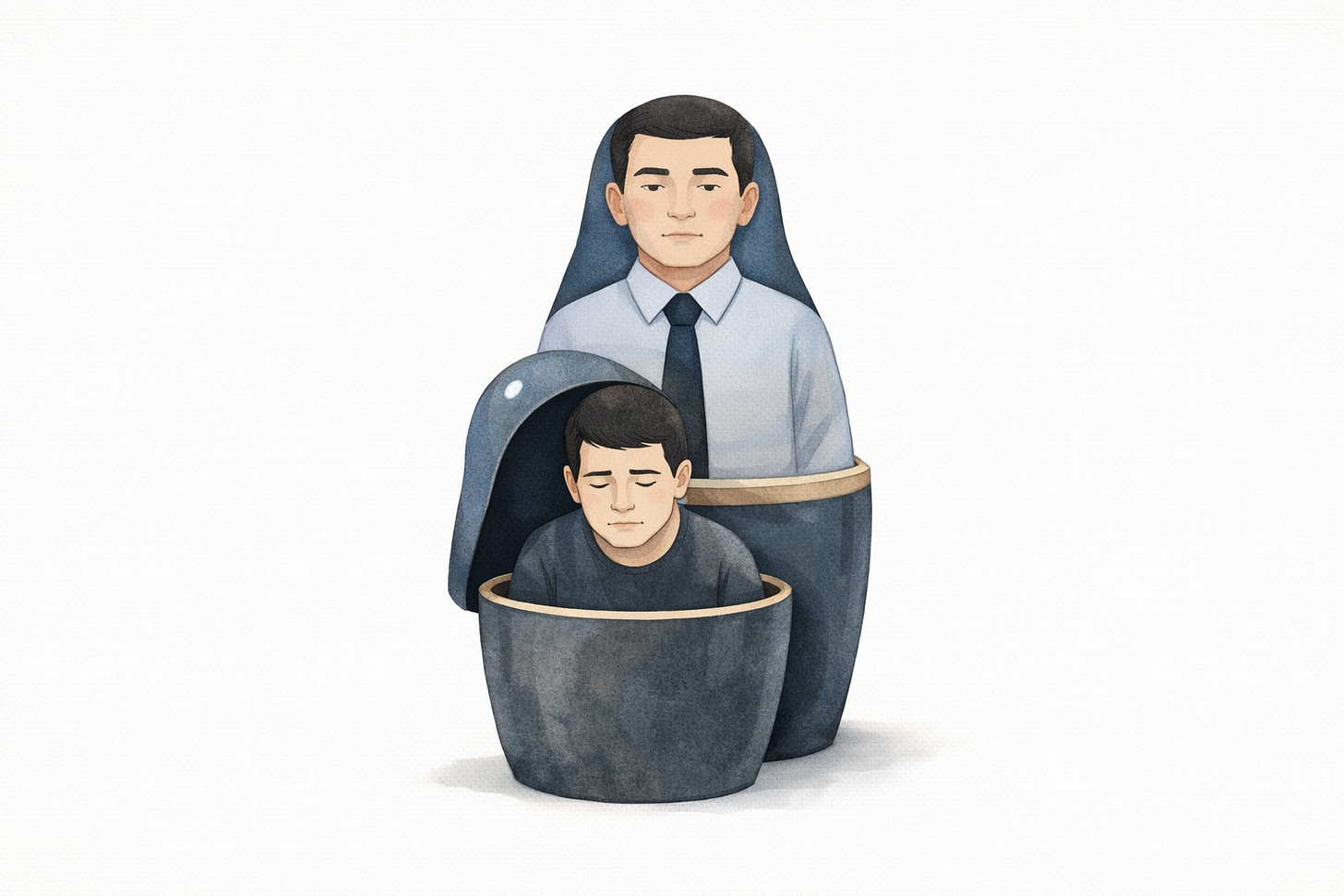 Illustration of a Russian nesting doll representing functional depression. The outer doll shows a professionally dressed man with a calm expression, while the inner doll reveals the same man looking exhausted and withdrawn, symbolizing hidden depression beneath a functional exterior. Illustration of a Russian nesting doll representing functional depression. The outer doll shows a professionally dressed man with a calm expression, while the inner doll reveals the same man looking exhausted and withdrawn, symbolizing hidden depression beneath a functional exterior.