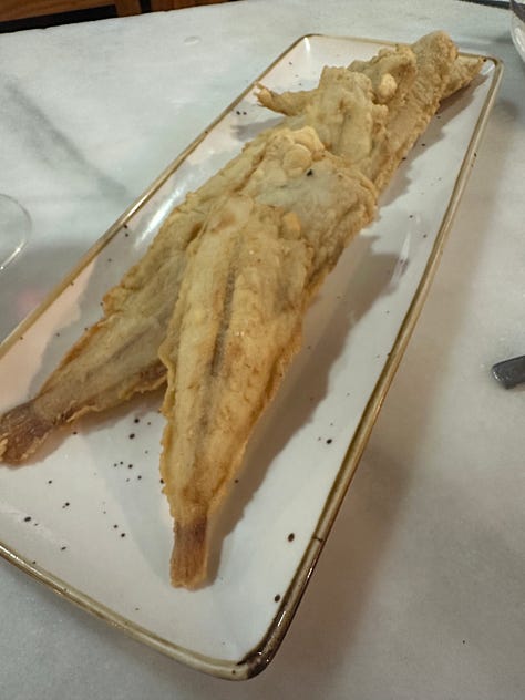 Fried baby sole, salmorejo, cured cheese cheesecake.