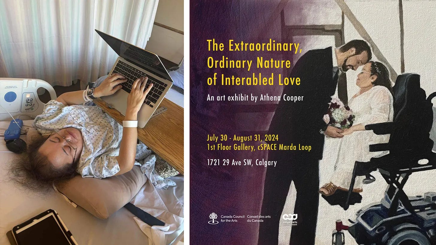 Left: Photo of Athena in her hospital bed working from her back with her laptop on a stand on the hospital table. Right: Promo materials for the exhibit "The Extraordinary, Ordinary Nature of Interabled Love" with the wedding painting showcasing the bride and groom against a purpleish background. Left: Photo of Athena in her hospital bed working from her back with her laptop on a stand on the hospital table. Right: Promo materials for the exhibit "The Extraordinary, Ordinary Nature of Interabled Love" with the wedding painting showcasing the bride and groom against a purpleish background.