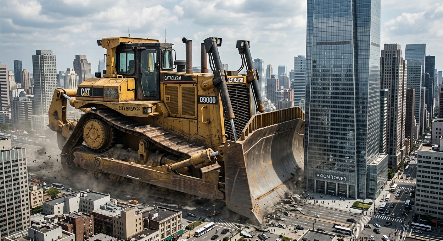Huge Skyscraper-sized bulldozer approaching a skyscraper Huge Skyscraper-sized bulldozer approaching a skyscraper
