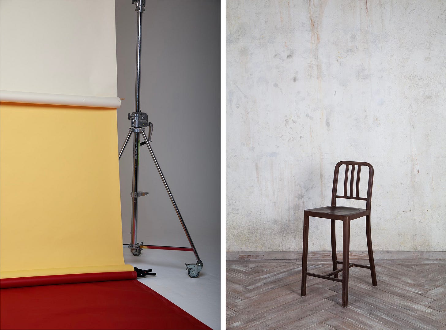 immagini di backstage realizzate su set fotografici. Nella prima immagine a sinistra una composizione con tre fondali colorati. Nella foto a destra uno sgabello vuoto davanti ad una parete grigia