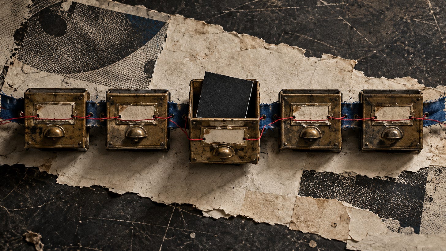 Five worn brass archive drawers run along a faded blue ribbon and red thread; the middle drawer is open around a single matte-black paper insert.