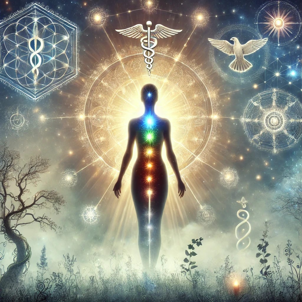 A symbolic representation of spiritual awakening through illness: a glowing female silhouette standing in a misty, ethereal forest with visible constellations and chakra-like energy centers lit along her body. Surrounding the figure are symbols of medicine and healing—like a caduceus intertwined with vines—and spiritual motifs like doves, a rising sun, and sacred geometry patterns. The atmosphere is mystical, sacred, and transformative, representing the idea that illness can lead to deep inner growth and wisdom.