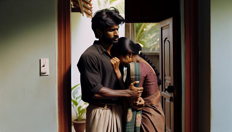 A Tamil woman sobbing with her head buried into the chest of a Tamil man who is comforting her.
