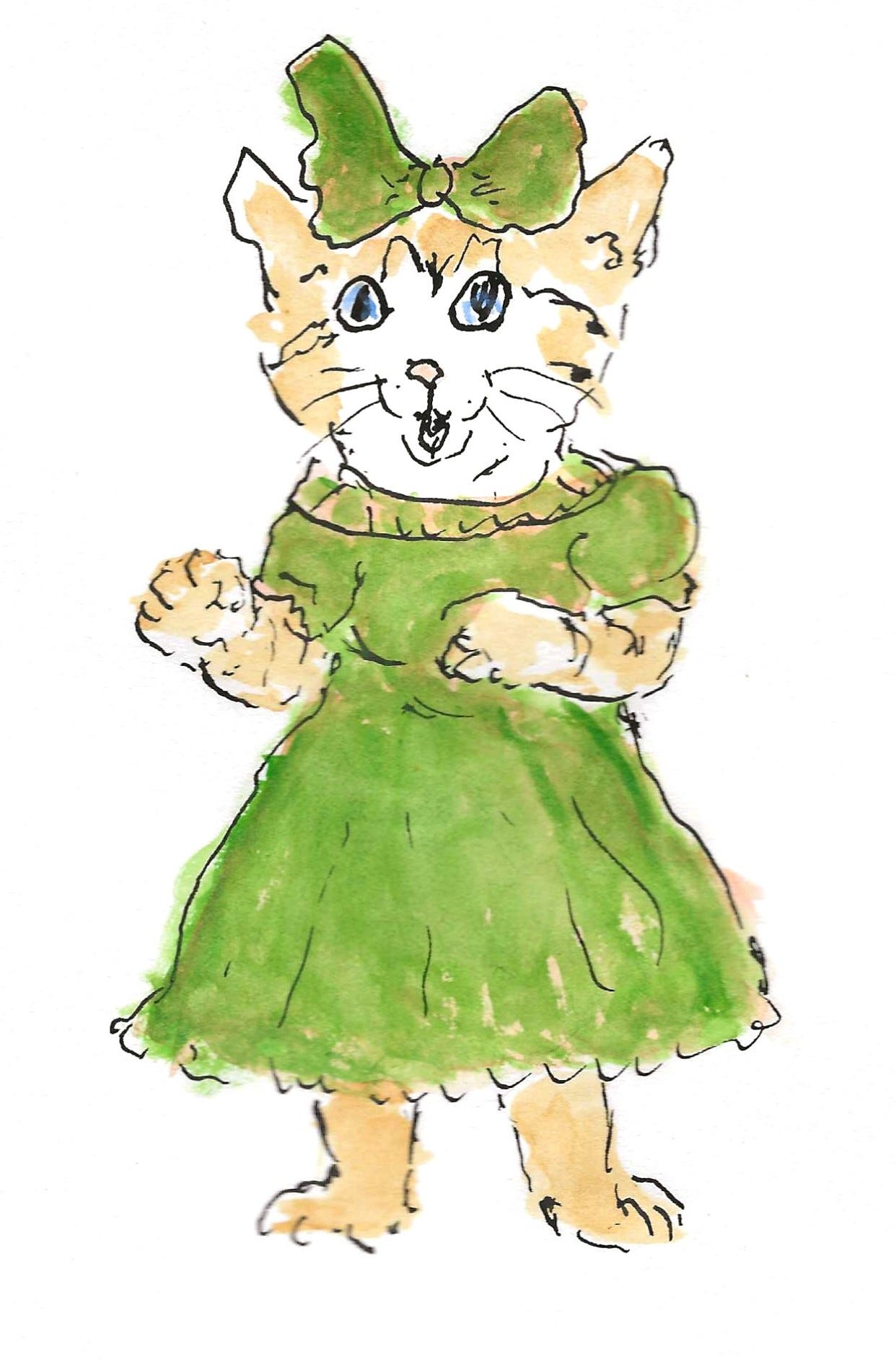 painting of surprised-looking kitten in green dress and big bow
