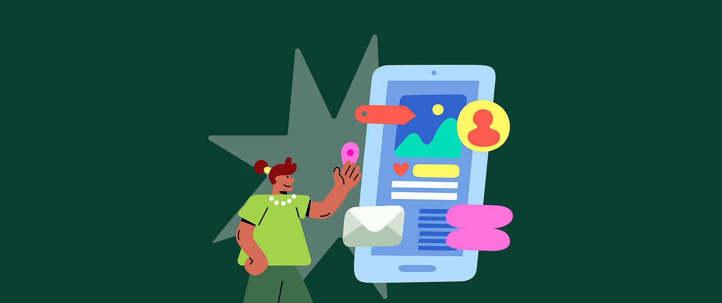 Illustration of a person interacting with a large mobile device screen displaying various icons and interface elements, including a map pin, envelope, user profile, and heart symbol, representing a digital user experience.