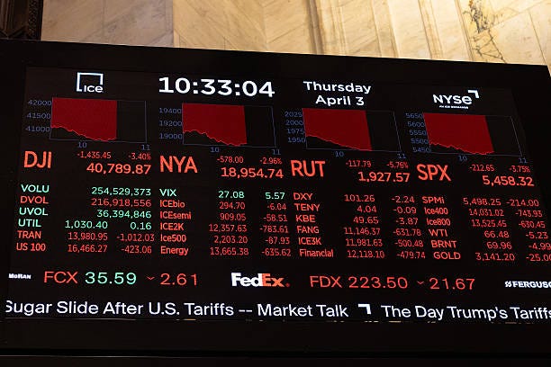 Stock market numbers are displayed on the floor of the New York Stock Exchange during morning trading on April 03, 2025 in New York City. The stock...