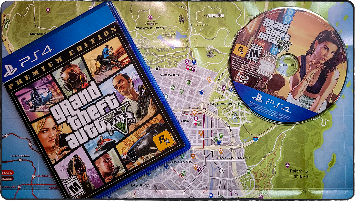 An image of my copy of Grand Theft Auto V contains the game and a map!