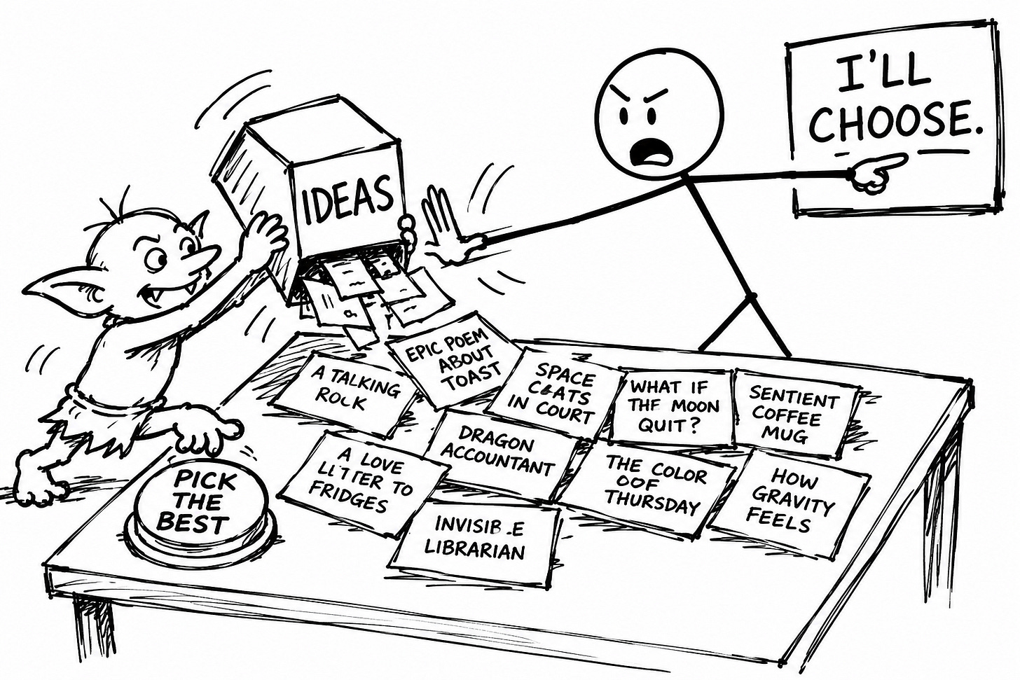 Hand-drawn black-and-white cartoon of a goblin dumping strange ideas onto a table while a writer blocks a “pick the best” button and points to a sign reading “I’ll choose.” The image illustrates human judgment in AI-assisted writing, separating AI idea generation from editorial selection and creative control.