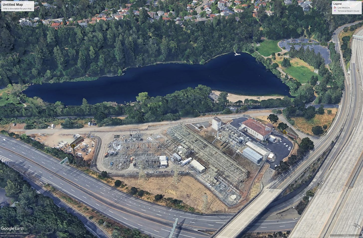 Birds-eye view rendering of what the proposed billboards at the PG&E substation at the Highways 24 and 13 junction next to Lake Temecsal would look like. The two-sided billboards are shown at center left and right adjacent to the freeways. (Image source: Outfront)
