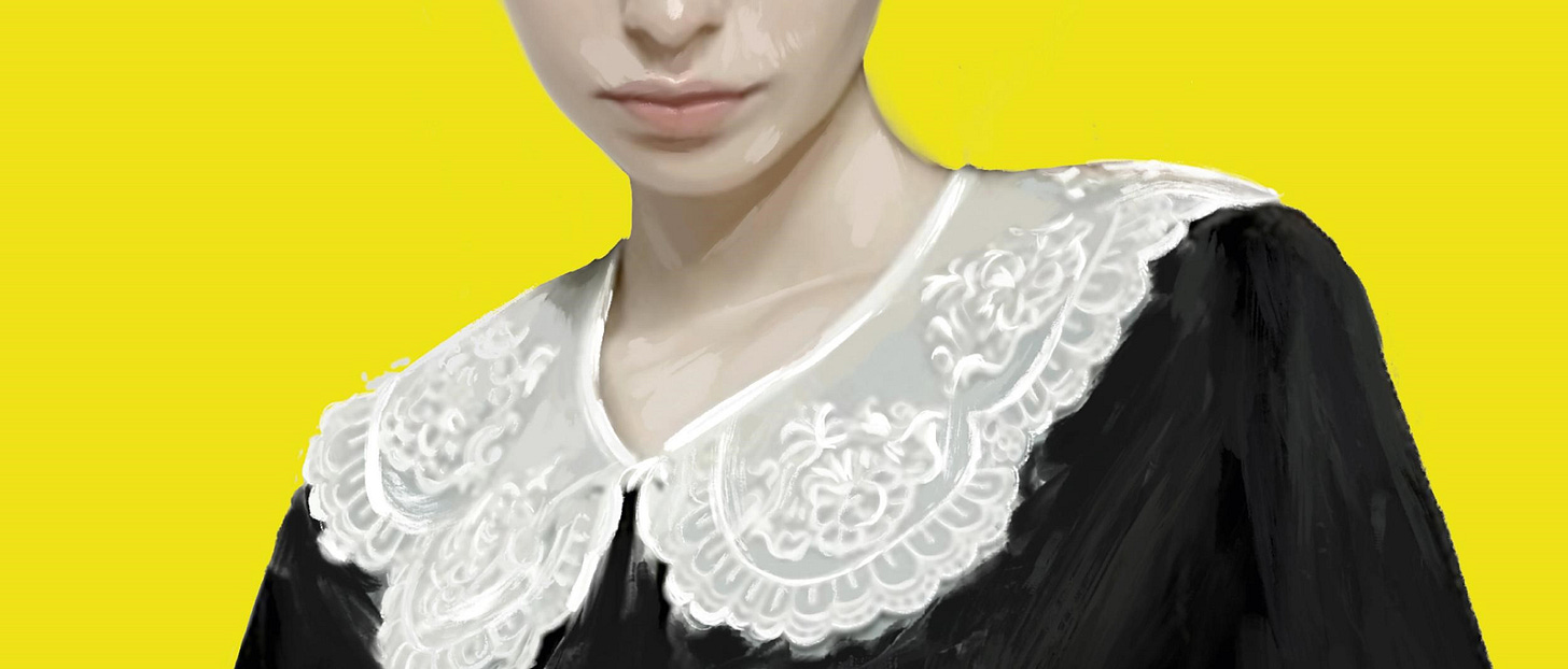 Oberkörper einer Frau in schwarzem Kleid mit weißem Spitzenkragen. Ausschnitt des Buchcovers von „Seltsame Sally Diamond“ von Liz Nugent. (Bild: Steidl)