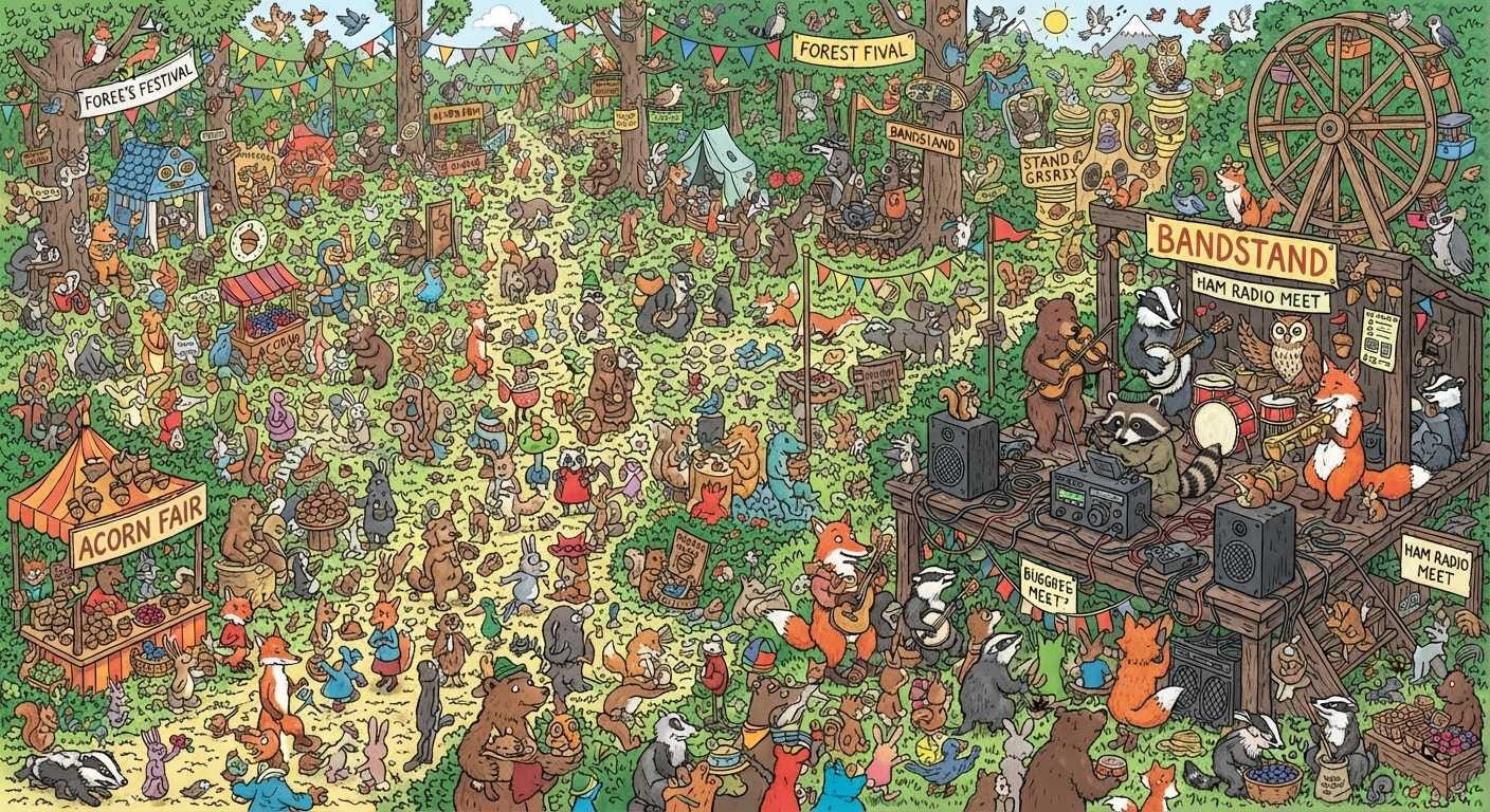 Densely illustrated "Where's Waldo"-style cartoon of a woodland festival filled with anthropomorphic animals (bears, foxes, badgers, rabbits, squirrels, owls) under a banner reading "FOREE'S FESTIVAL" and another reading "FOREST FIVAL," with bunting flags strung between trees, a Ferris wheel on the right, market stalls including one labeled "ACORN FAIR," signs reading "BANDSTAND," "HAM RADIO MEET" (appearing twice), and a stage where a bear plays guitar, a raccoon uses a ham radio, a badger plays drums, an owl looks on, and a fox plays trumpet, with crowds of animals wandering forest paths between trees and mountains in the background. Densely illustrated "Where's Waldo"-style cartoon of a woodland festival filled with anthropomorphic animals (bears, foxes, badgers, rabbits, squirrels, owls) under a banner reading "FOREE'S FESTIVAL" and another reading "FOREST FIVAL," with bunting flags strung between trees, a Ferris wheel on the right, market stalls including one labeled "ACORN FAIR," signs reading "BANDSTAND," "HAM RADIO MEET" (appearing twice), and a stage where a bear plays guitar, a raccoon uses a ham radio, a badger plays drums, an owl looks on, and a fox plays trumpet, with crowds of animals wandering forest paths between trees and mountains in the background.