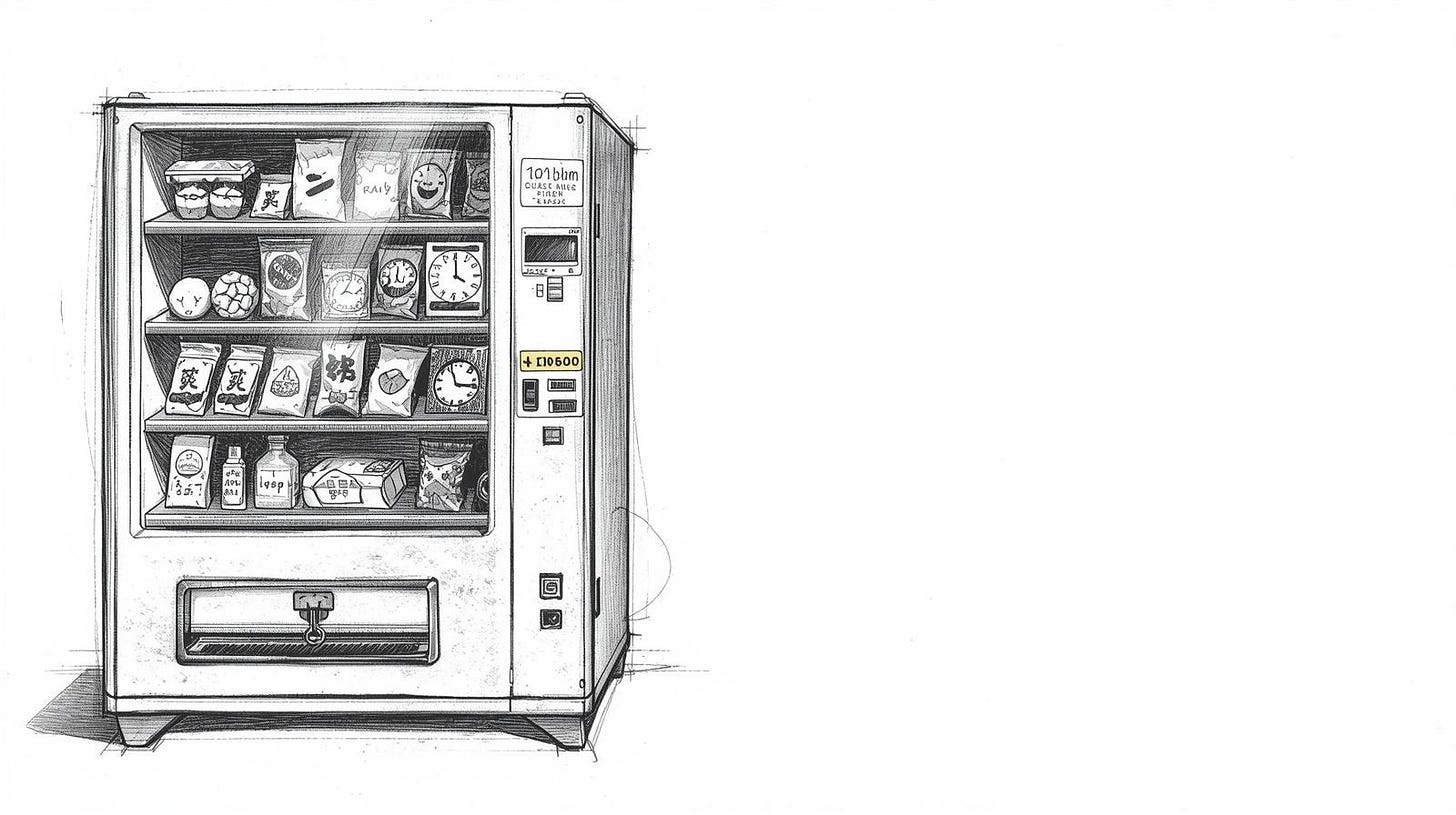Brain drawn as vending machine, left side fully stocked, right side empty with error light