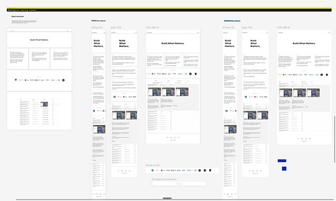 This is a screenshot of Figma designs progressing in fidelity. They are mobile, tablet, and desktop with mostly black and white showing logos.