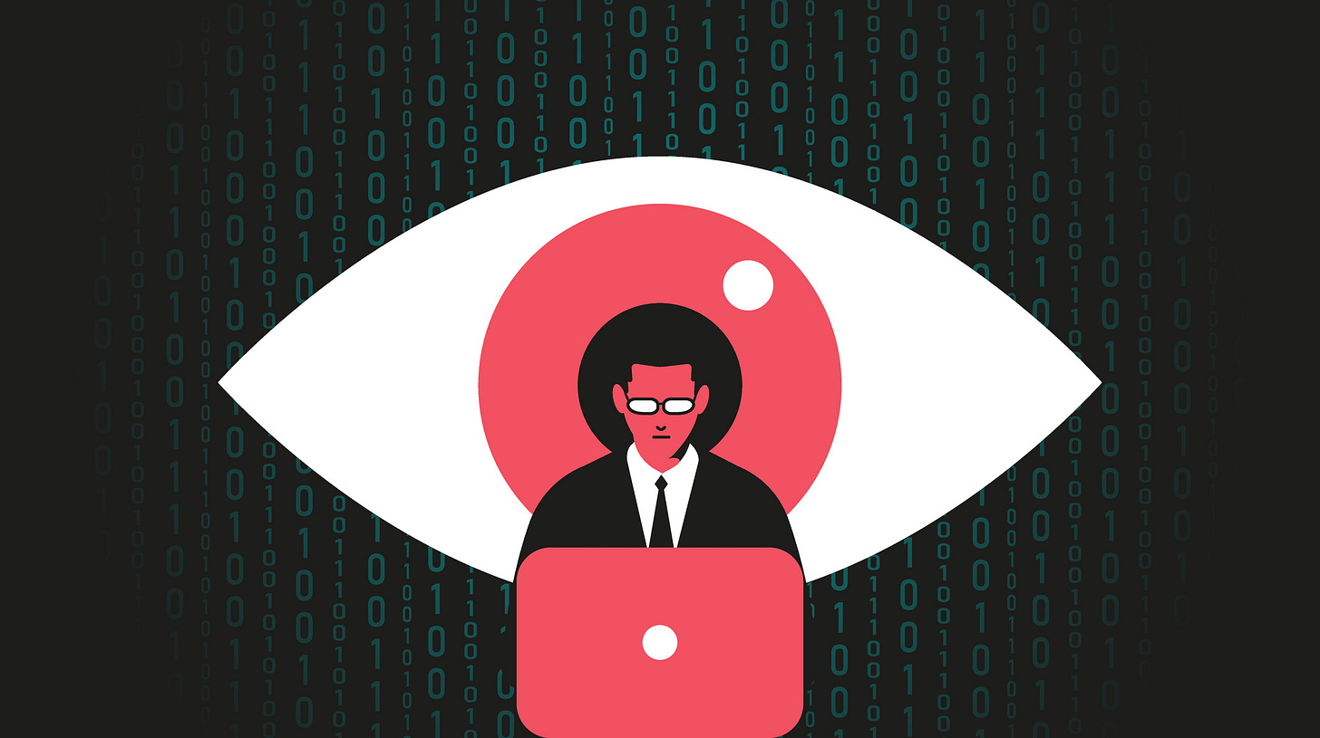 Illustration of a large red eye watching a professional on a laptop Illustration of a large red eye watching a professional on a laptop