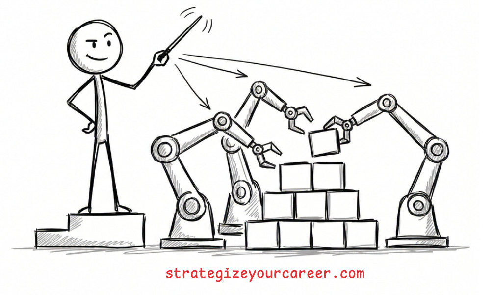 A whiteboard-style illustration of a confident stick figure standing on a small podium, holding a conductor's baton. They are directing three separate robotic arms that are working in unison to construct a large, neat pyramid of blocks, visually representing a developer 'orchestrating' multiple AI agents.