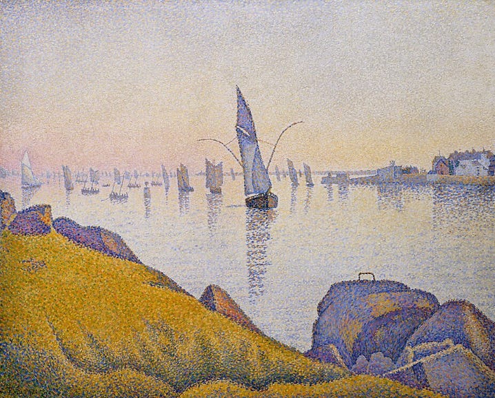 Paul Signac pointillist harbour scene with sailboats at sunset showing yellow and violet complementary colour contrasts. Paul Signac pointillist harbour scene with sailboats at sunset showing yellow and violet complementary colour contrasts.